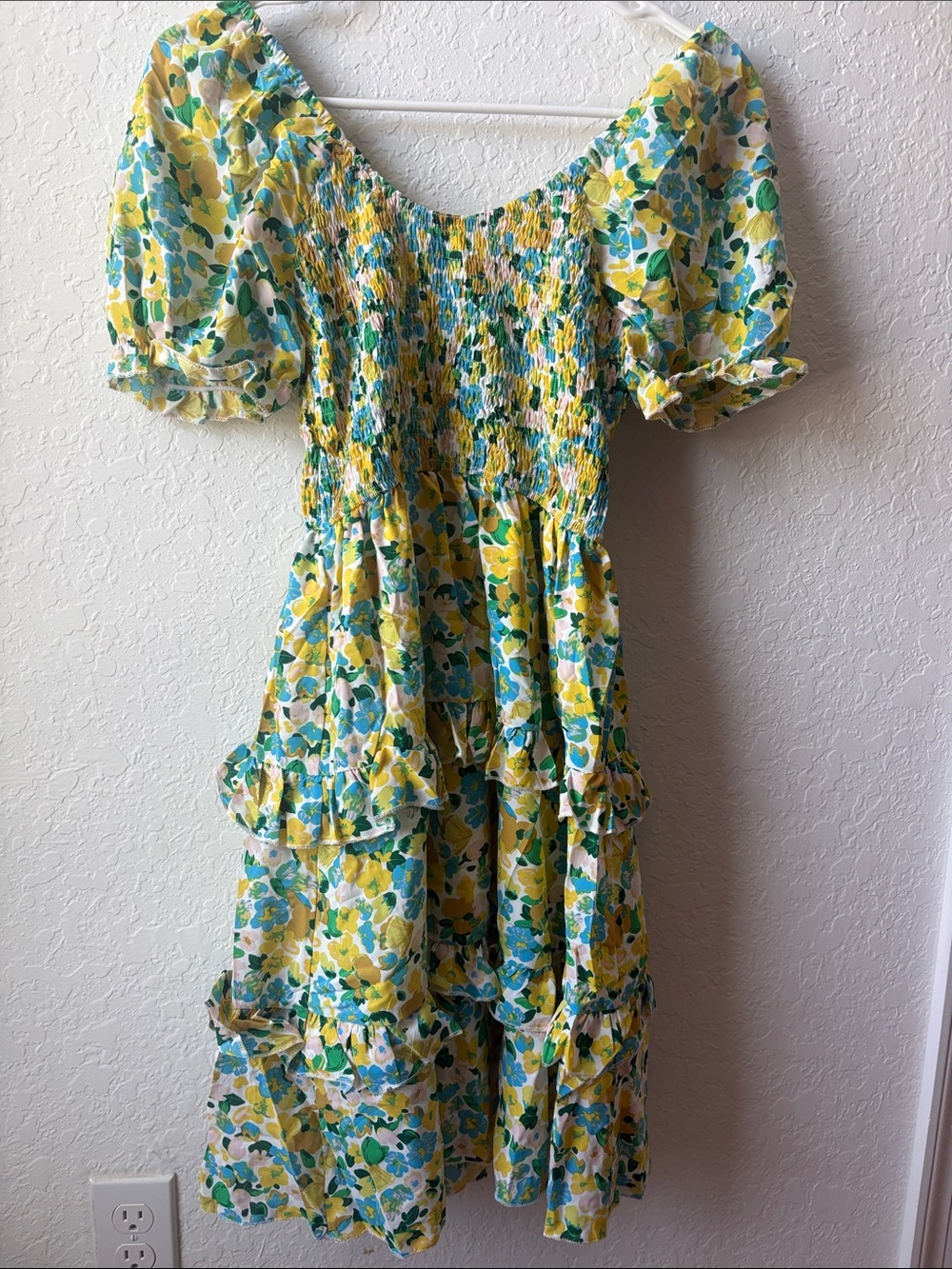 Yellow and Green Floral Smocked Tiered Dress with Sleeves off the shoulder
